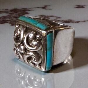 Vintage Etruscan Cutout Silver Ring Womens Turquoise 925 Chunky Boho Size 5.75